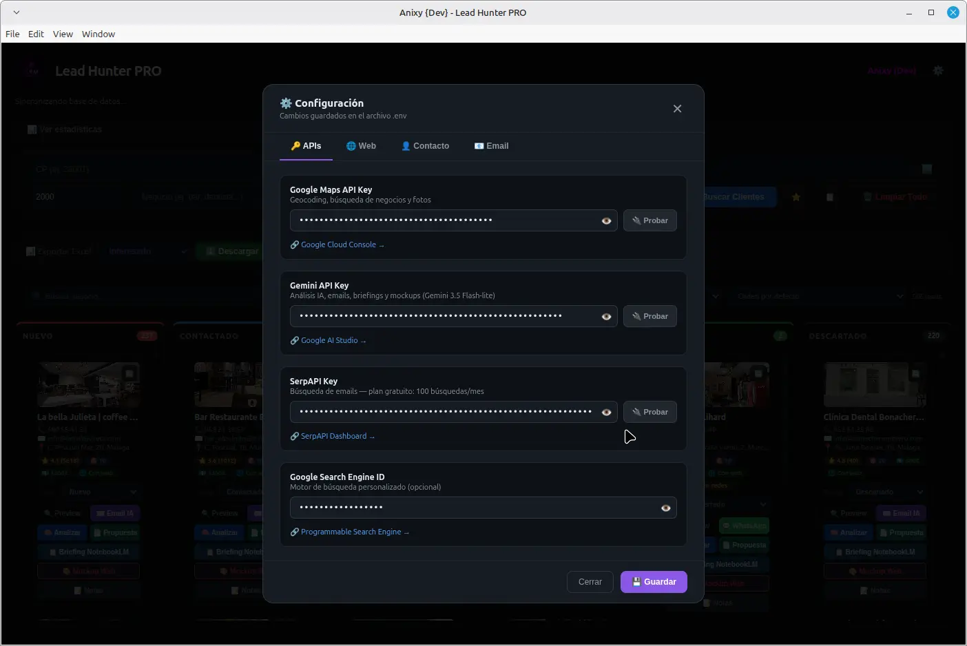 Configuración de APIs integradas