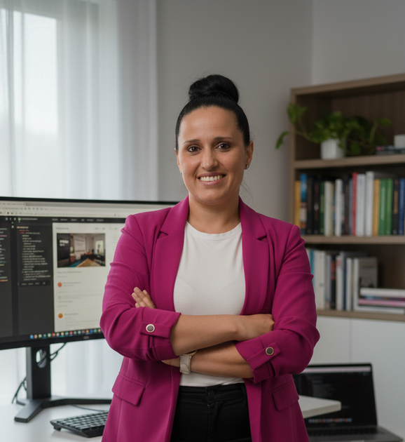 Ana Fernández Rodríguez, desarrolladora full stack de Anixy{Dev}, en su oficina